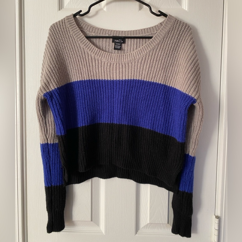 Rue21 Colorblock Cropped Sweater - Grey, Blue, and Black